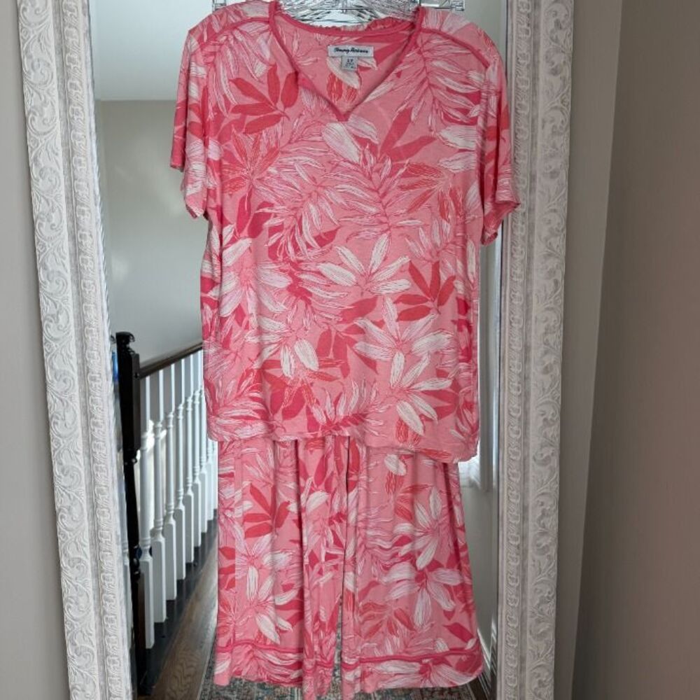 Tommy Bahama Pink Tropical Print Pajama Set Top & Wide Leg Lounge Pants Small - Picture 7 of 8